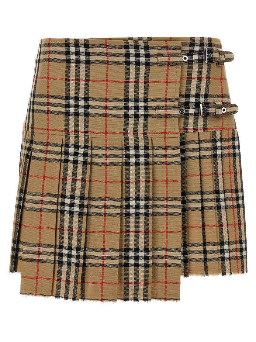 Burberry Kilt Pleated Mini Skirt With Frayed Hem And Adjustable Side Straps