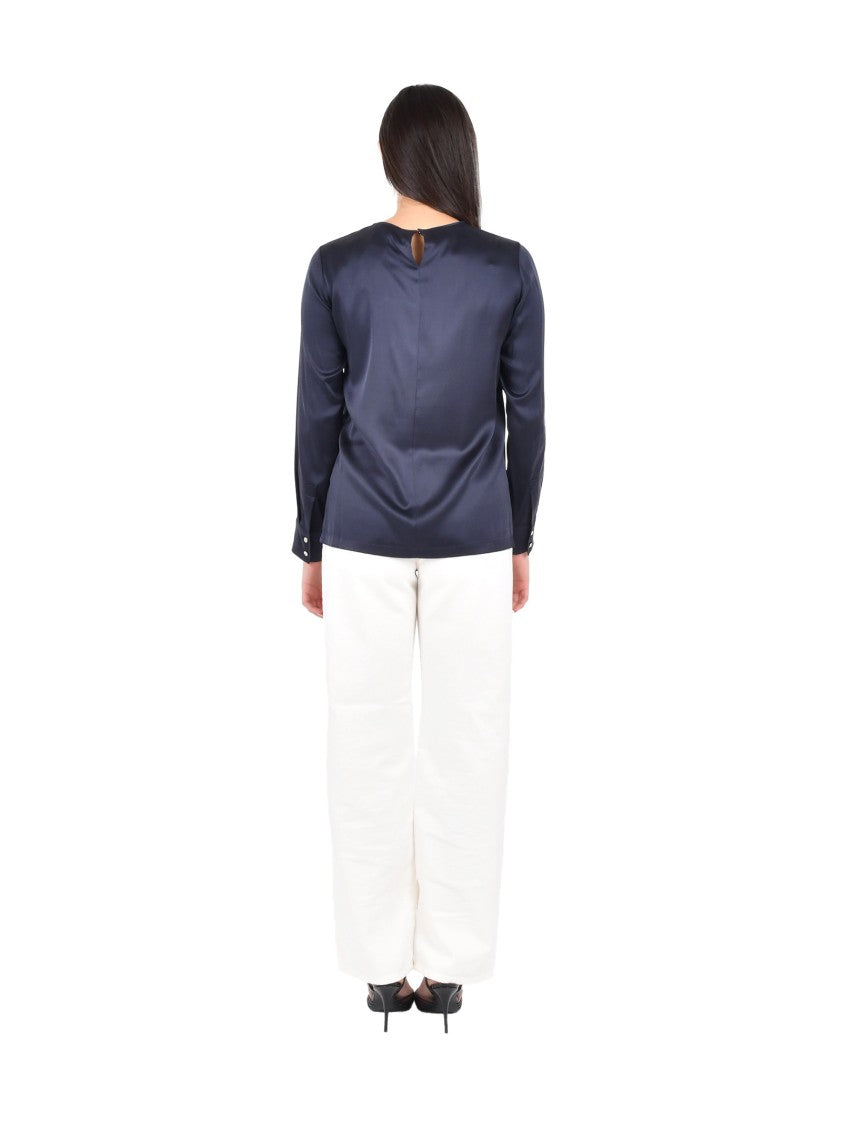 Max Mara Navy Silk Satin Blouse With Crew Neck