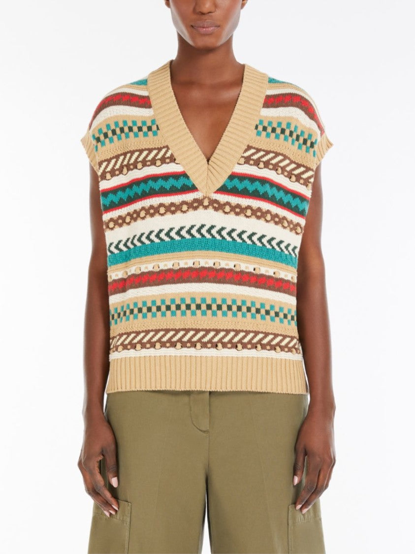Max Mara Fair Isle Patterned Cotton Jacquard Gilet