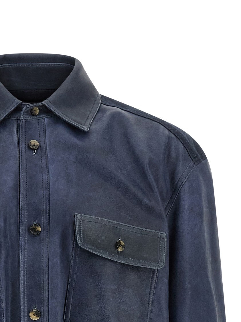 Loewe Vintage-Effect Lamb Nappa Leather Overshirt With Cotton Twill Back