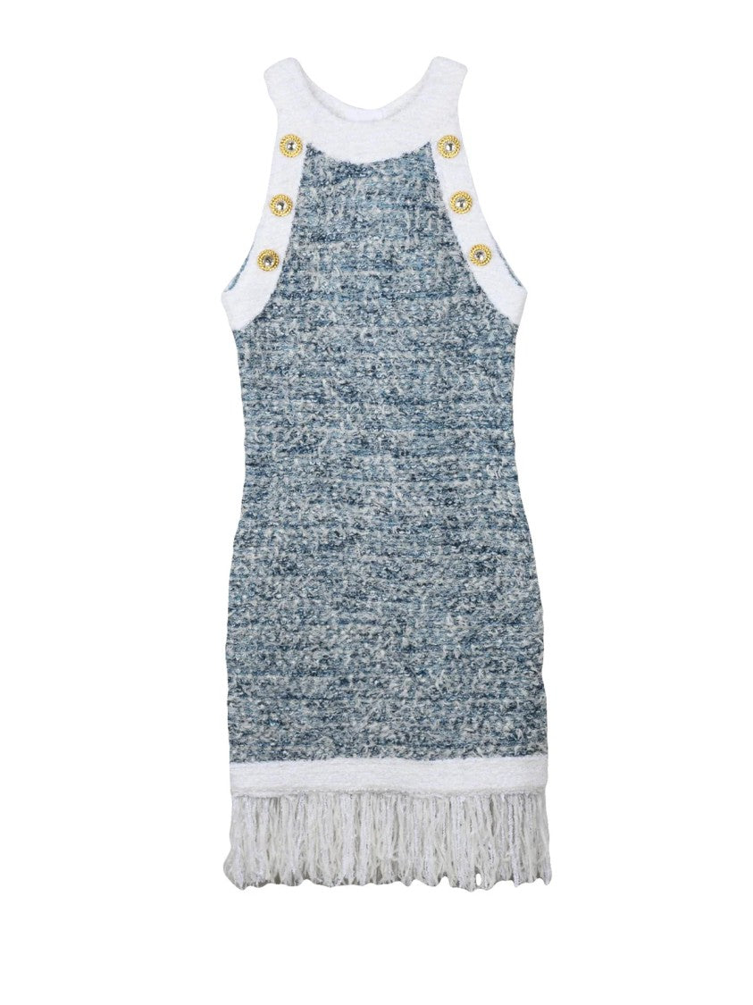 Balmain Textured Bouclé Mini Dress With Gold Accents