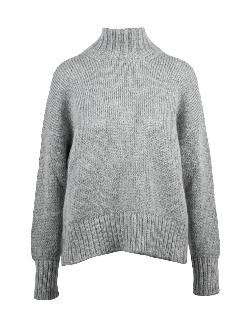 Alpha Studio Light Grey Mock Neck Sweater With Ribbed Details And Relaxed Fit