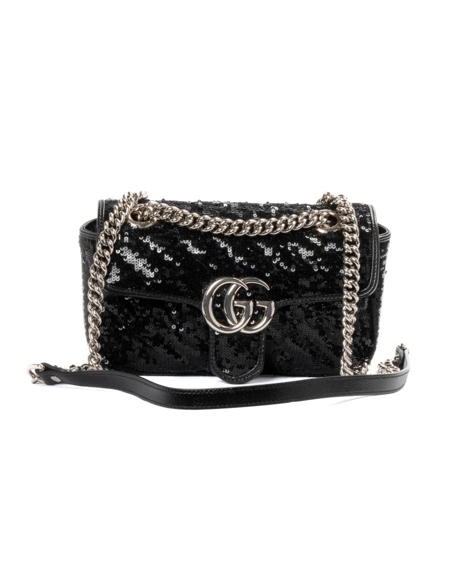 Gucci Quilted Black Sequined Shoulder Bag With Iconic Logo