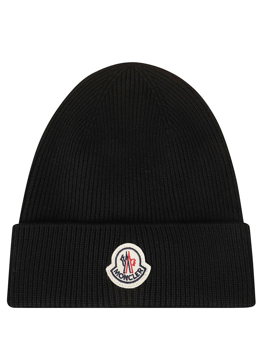 Moncler Ribbed Knit Beanie Hat With Folded Cuff And Embroidered Logo