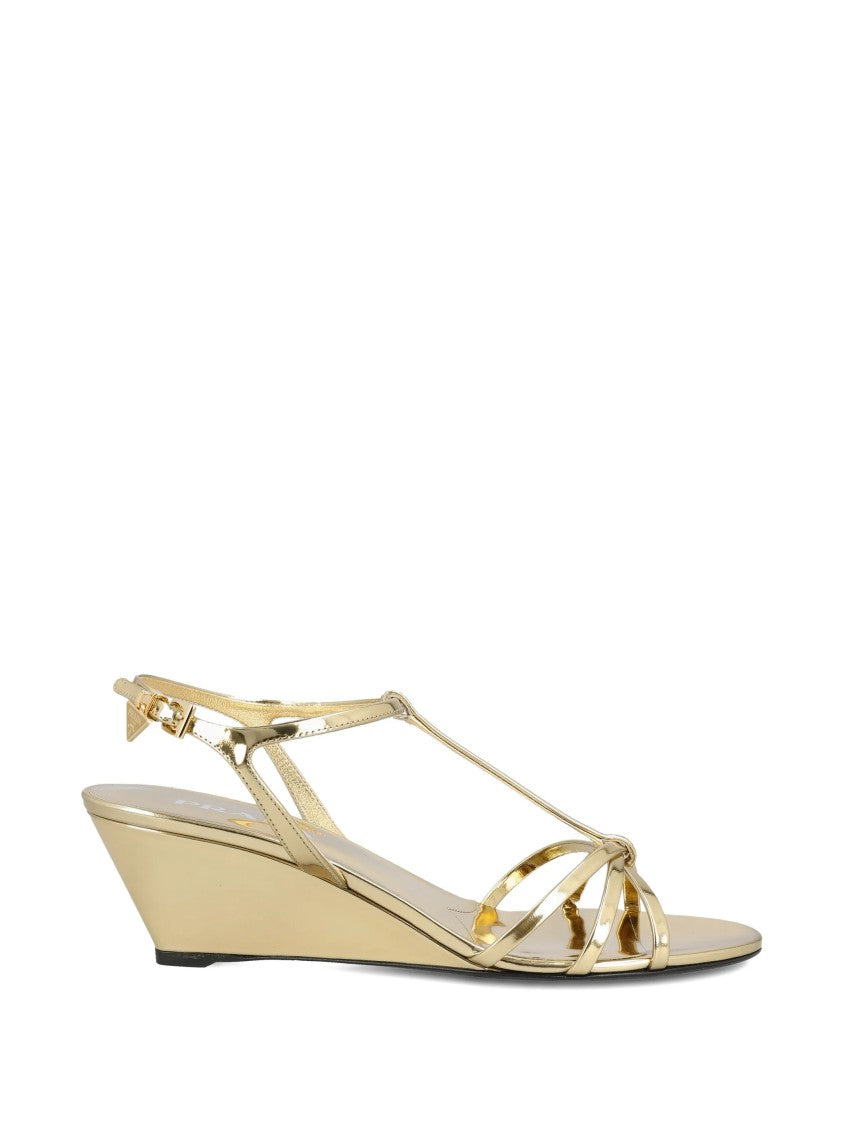 Prada Metallic Gold Wedge Crisscross Sandals