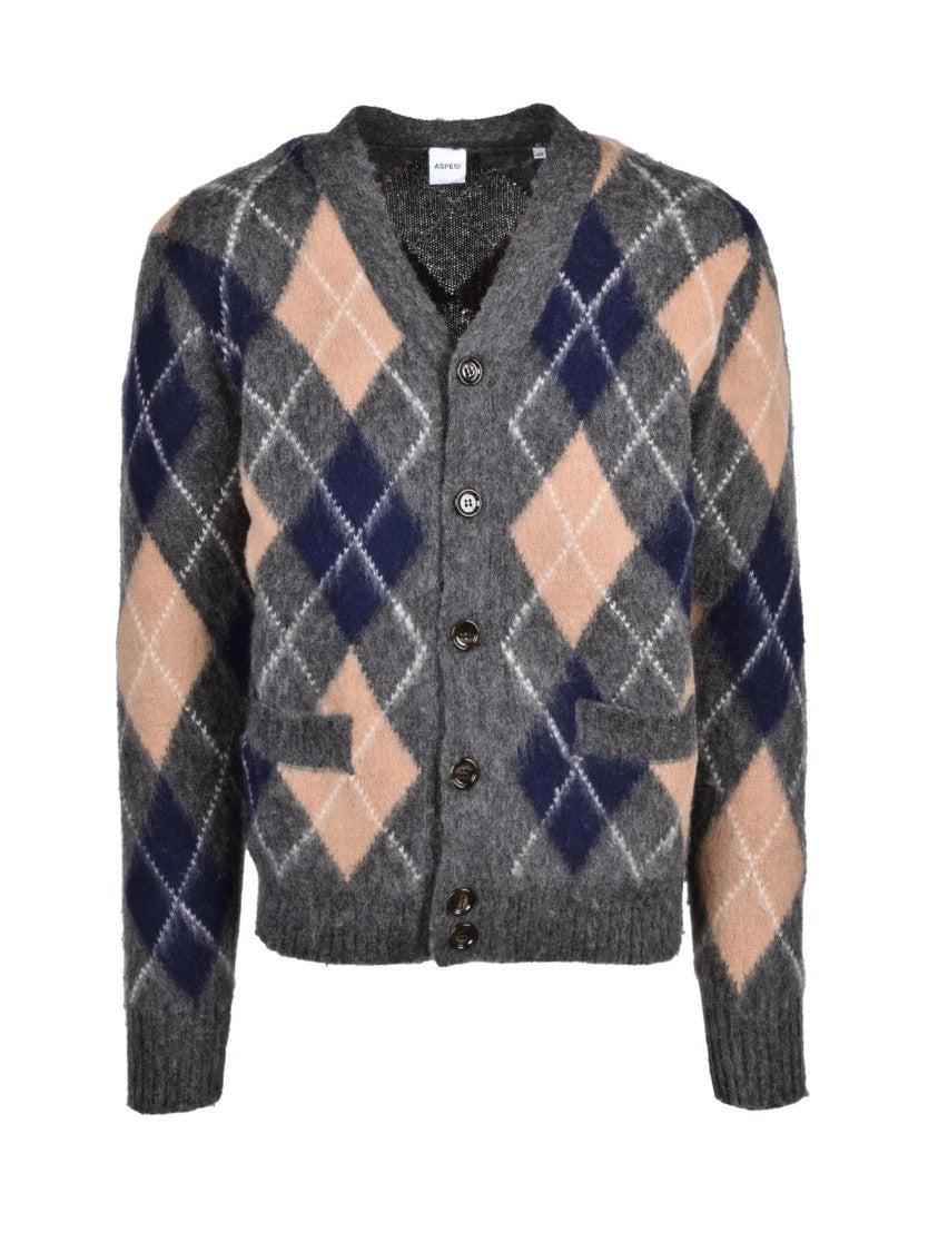 Aspesi Grey/Beige Argyle Pattern V-Neck Wool Cardigan
