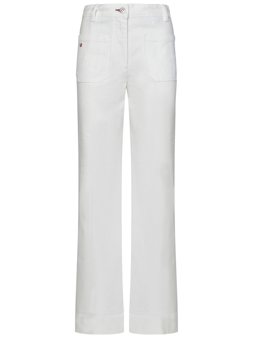 Victoria Beckham High-Waisted Flared White Jeans With Red Logo Embroidery