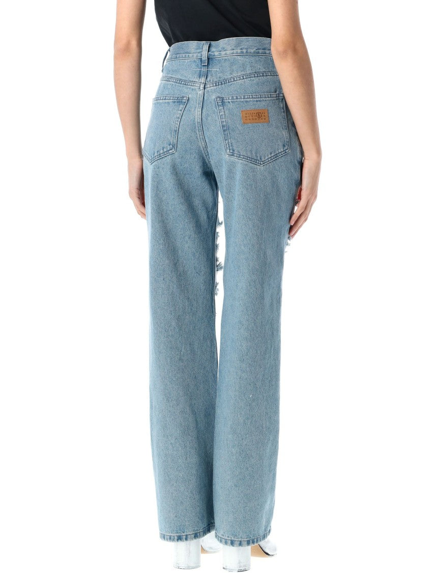 Mm6 By Maison Margiela Distressed Straight Leg Denim Jeans With White Stitching