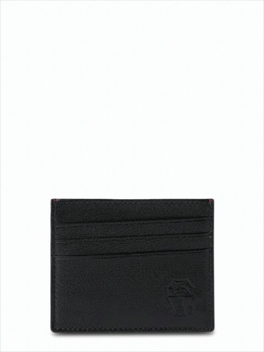 Brunello Cucinelli Minimalist Black Lambskin Card Wallet With Embossed Detailing