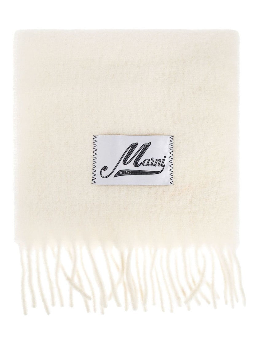Marni Fringed White Alpaca-Blend Scarf With Stitched Label