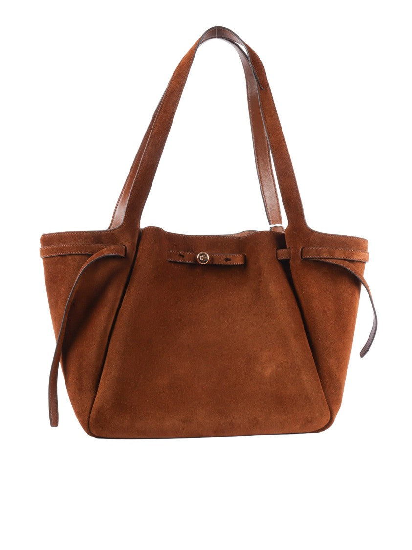 Tory Burch Structured Brown Suede Tote With Smooth Leather Accents