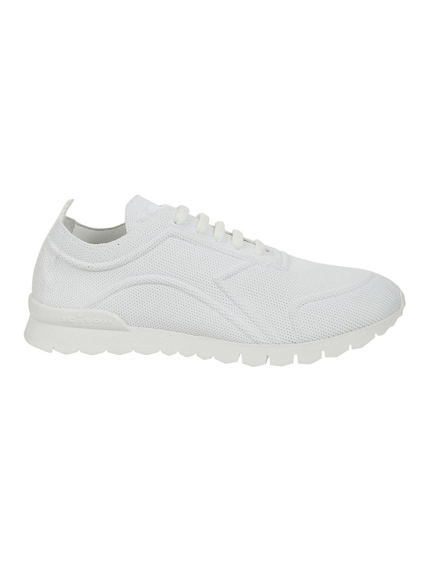 Kiton Fabric-Textured White Sneakers With Logo Tongue