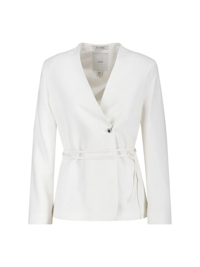 Calvin Klein White Single-Breasted Viscose Blend Tie Blazer