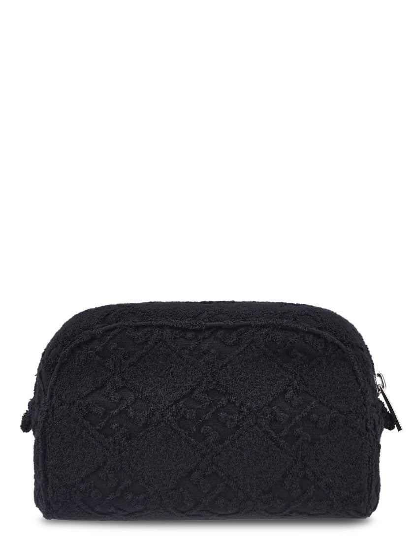 Tory Burch Textured Black Terry Pouch With Subtle Logo Pattern