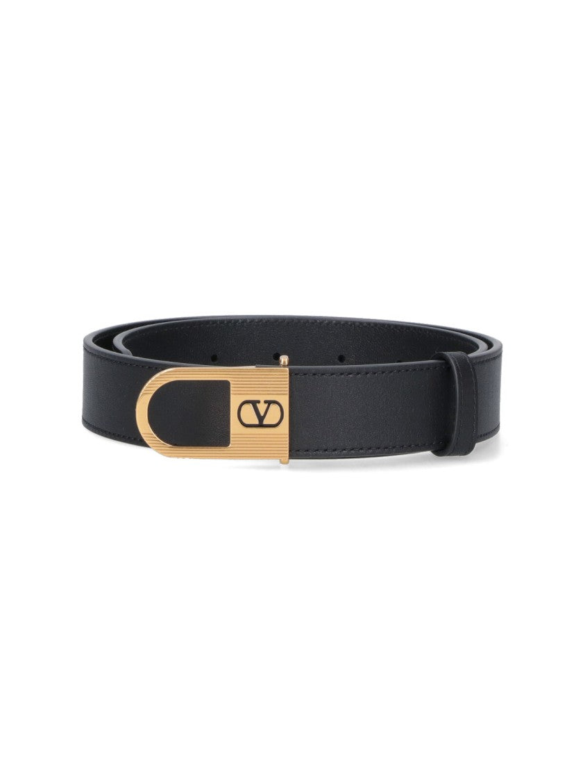 Valentino Garavani Black Belt With Gold-Tone Elongated Oval Buckle