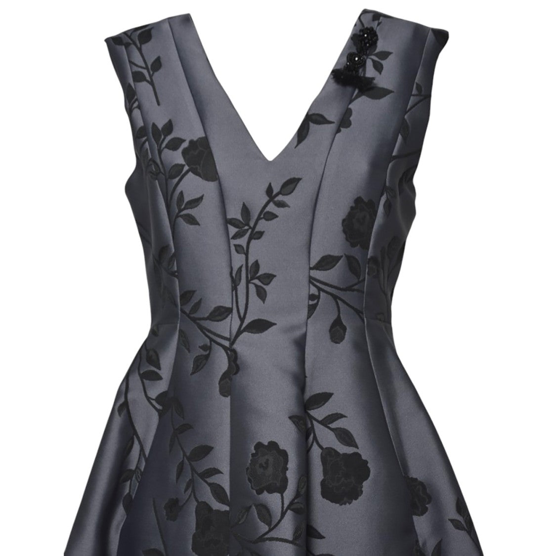 Max Mara Deep V-Neck Flared Evening Dress With Floral Embroidery
