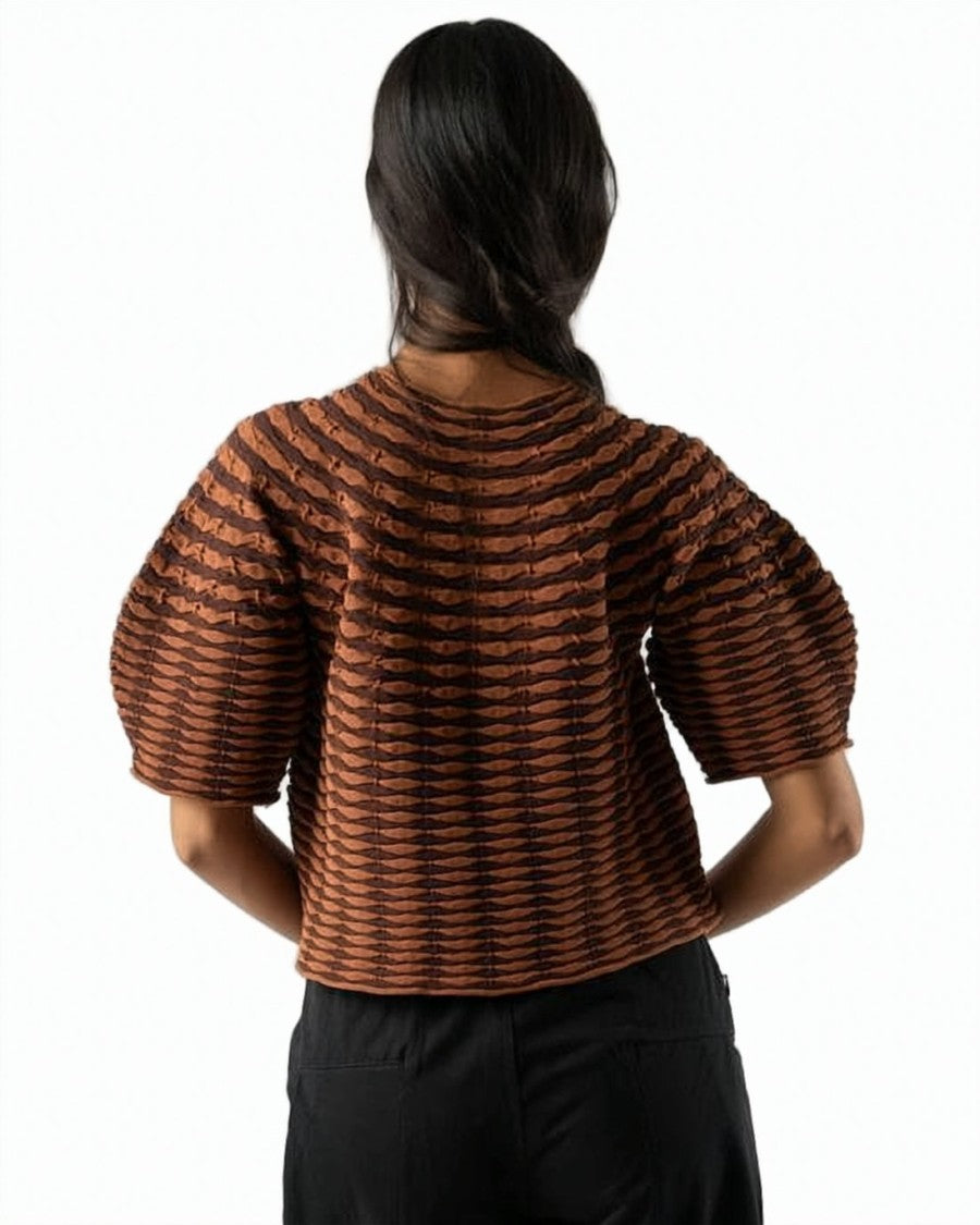 Pleats Please Boxy Fit Textured Sweater With Puffed Sleeves