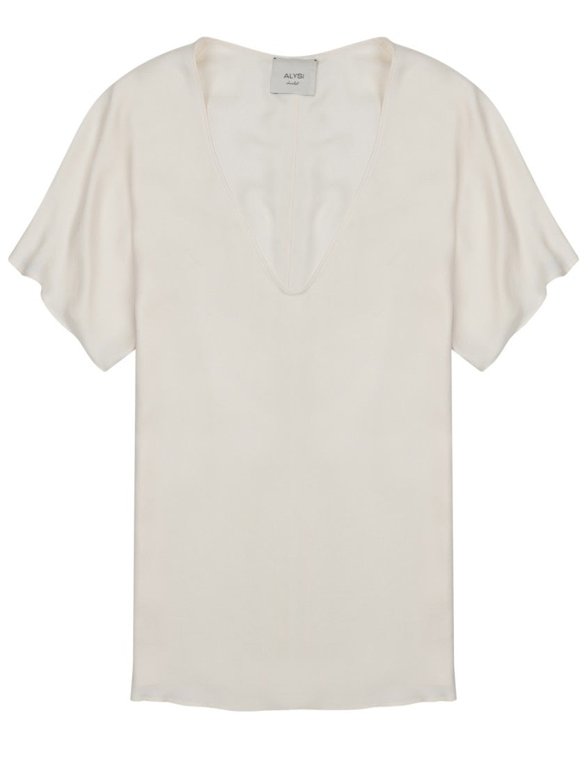 Alysi Neutrals Deep V-Neck Short Sleeves Silk Blouse