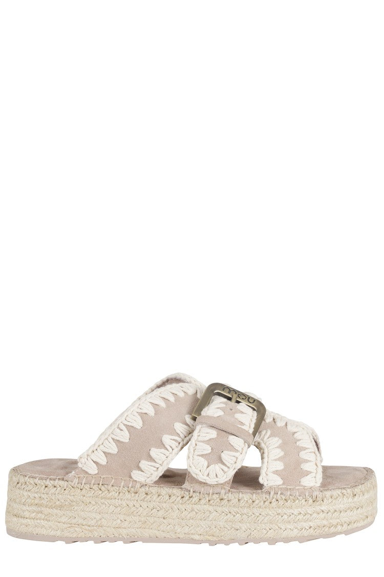 Mou Beige Jute Crochet Trim Adjustable Strap Suede Sandals