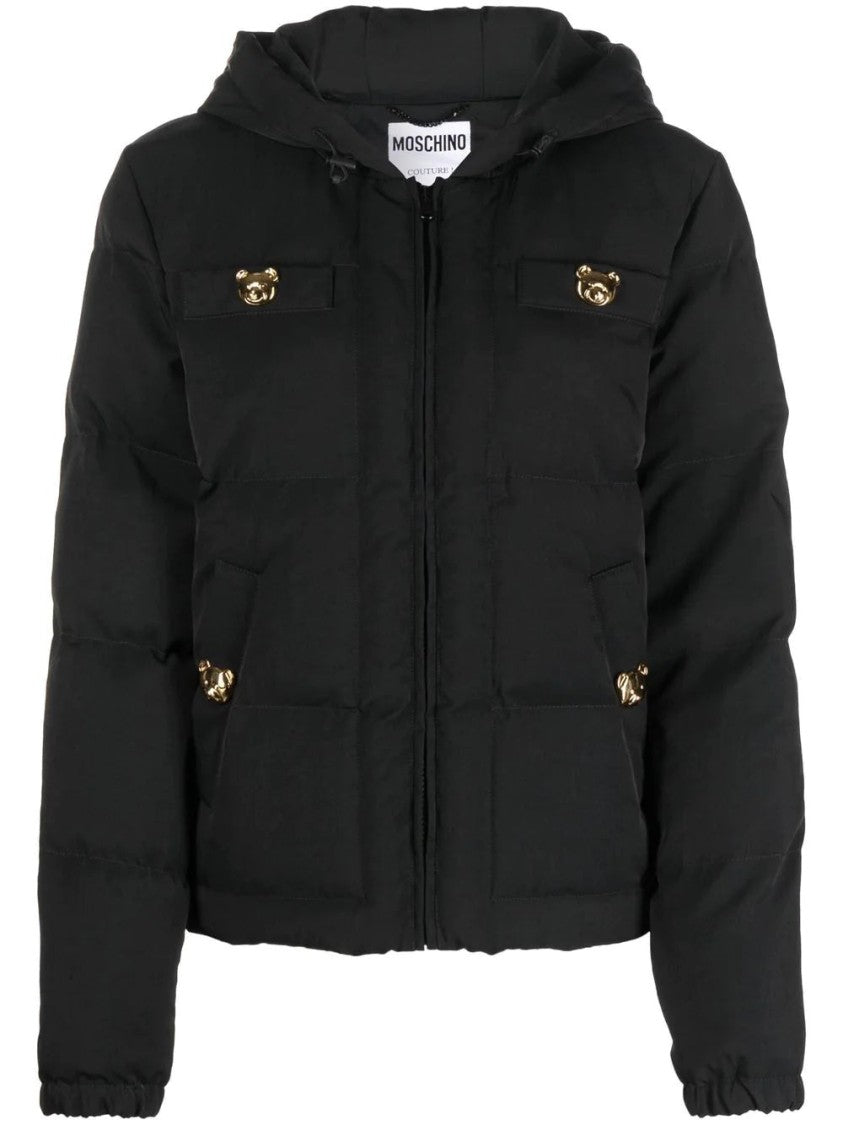 Moschino Quilted Black Puffer Jacket With Playful Gold-Tone Bear Embellishments
