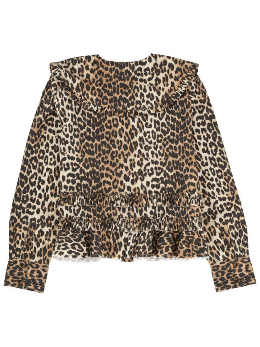 Ganni Neutrals Leopard Print Wide Collar Cotton Top