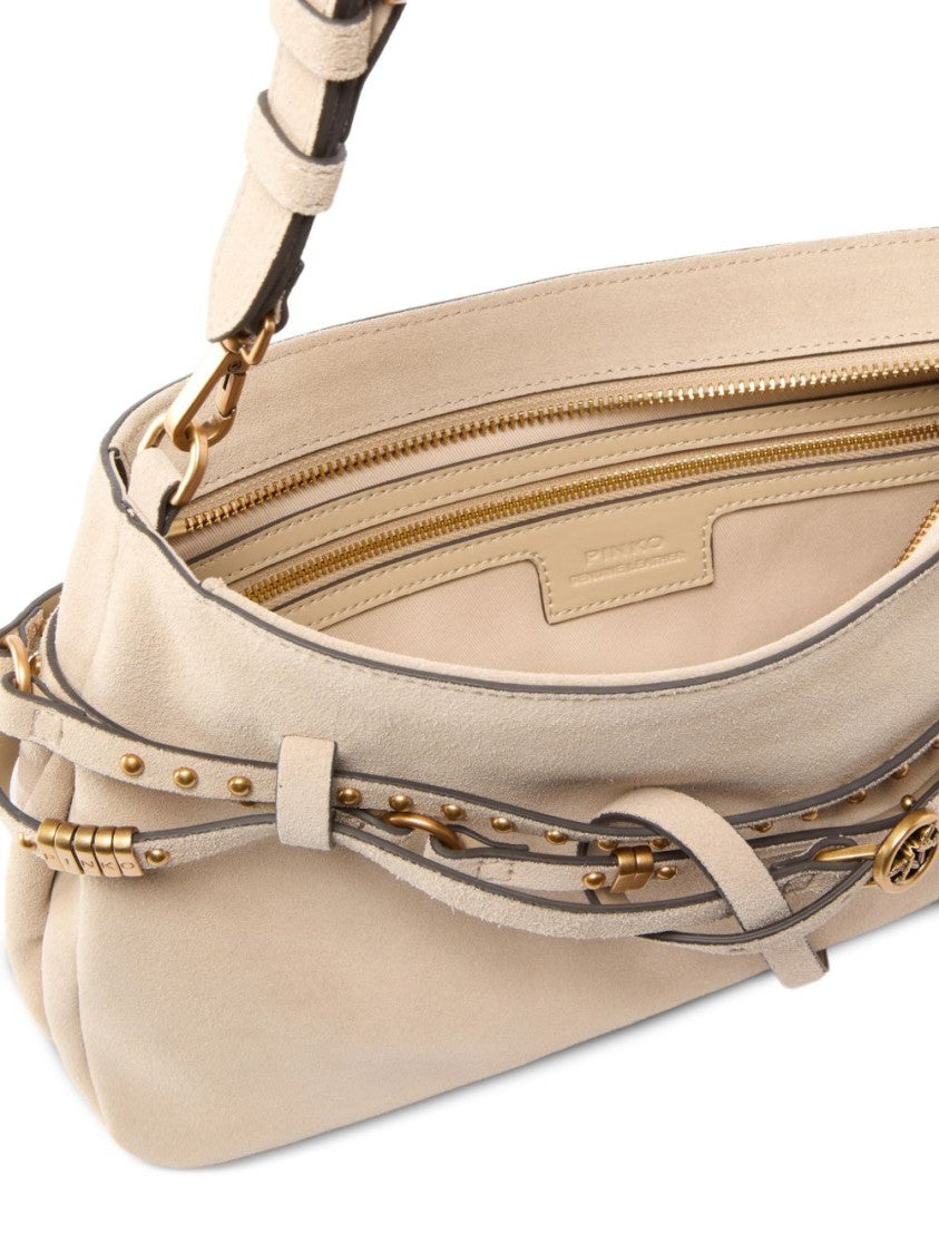 Pinko Structured Beige Calf Leather Shoulder Bag With Gold Accents