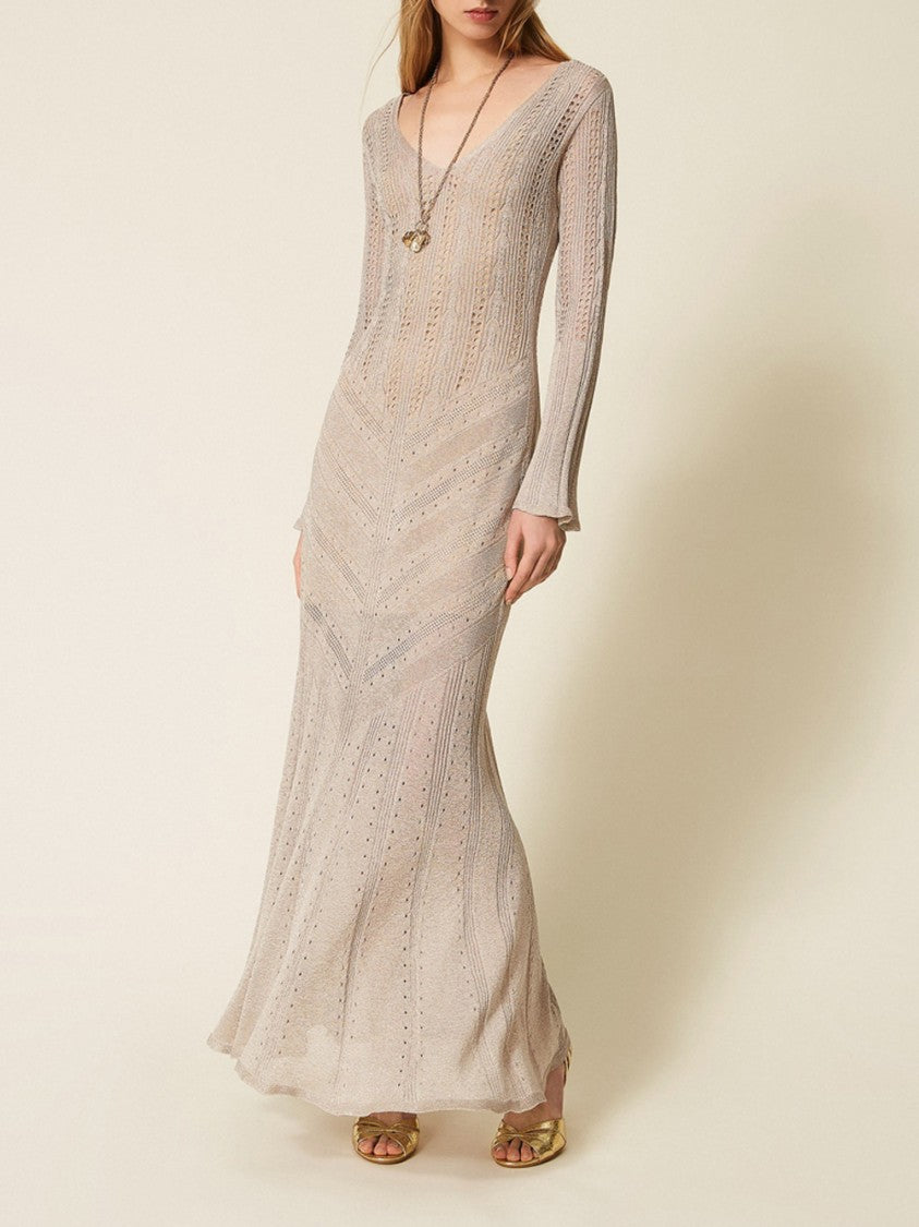 Twin-Set Sand Lurex Americane Knit Maxi Dress