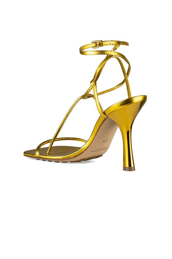 Bottega Veneta Metallic Gold Strappy Sandals With Textured Sole