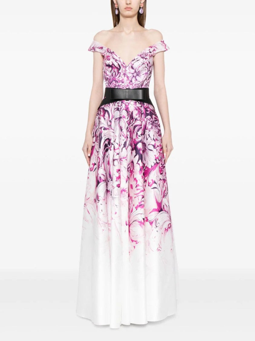 Saiid Kobeisy Mikado Printed Dress With Off-Shoulder Sleeves