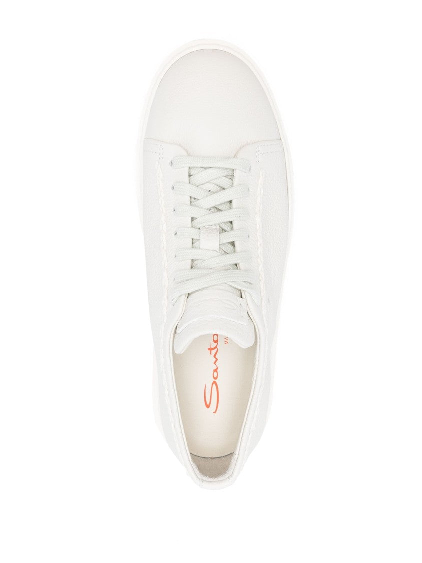 Santoni White Cow Leather Trainers With Textured Upper