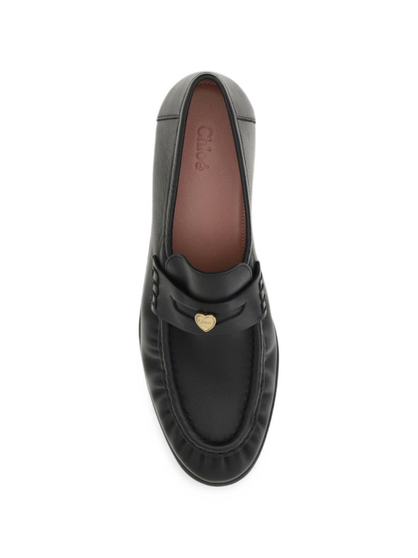 Chloé Pointed Toe Leather Flats With Metallic Heart Detail