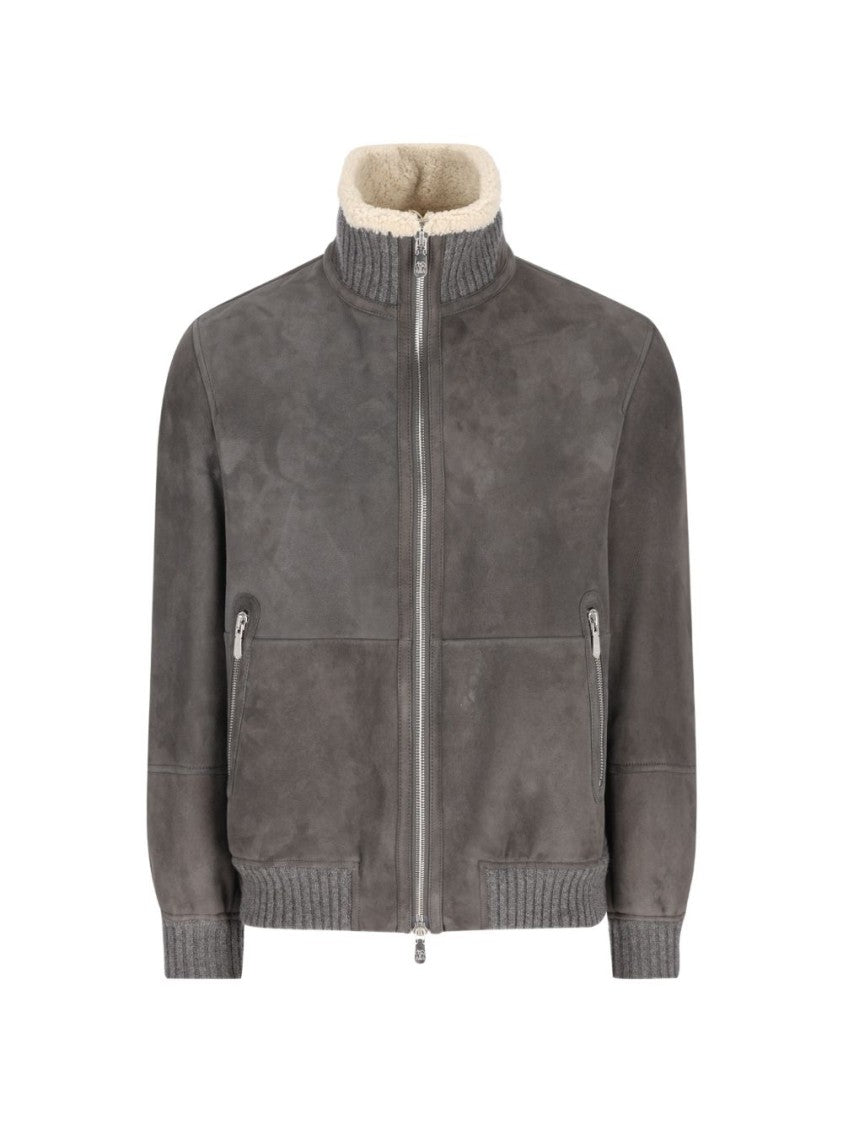 Brunello Cucinelli Brown Zip-Up Sheepskin Collar Bomber Jacket