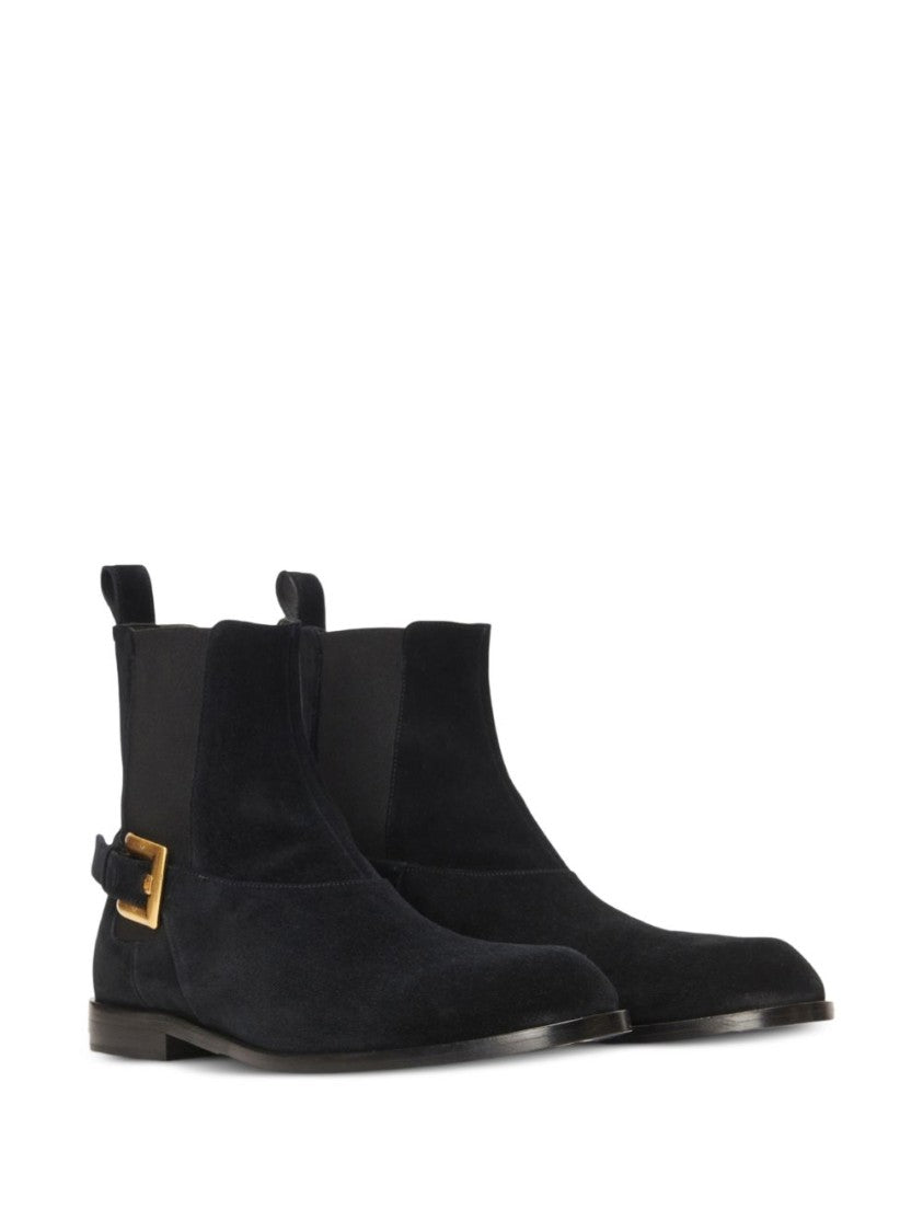 Balmain Smooth Suede Ankle Boots With Gold Buckle Detail