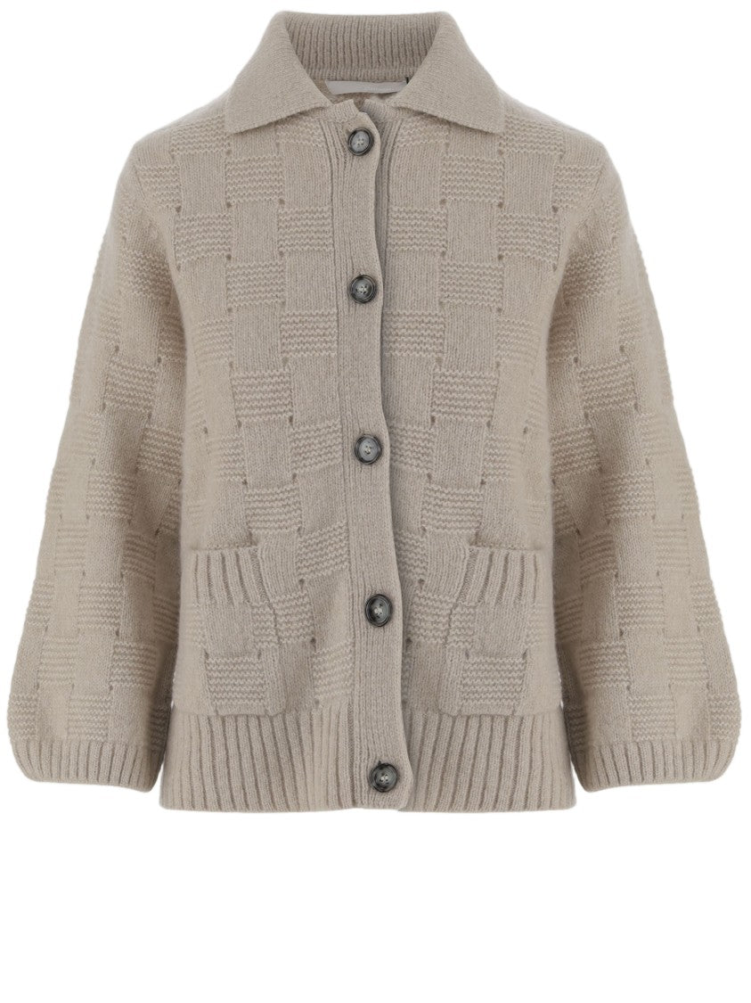 Allude Beige Button-Down Puff Sleeve Cardigan