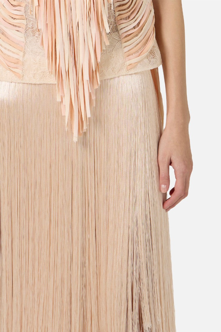 Elisabetta Franchi Blush Pink Tiered Fringed Hem Acetate Midi Skirt