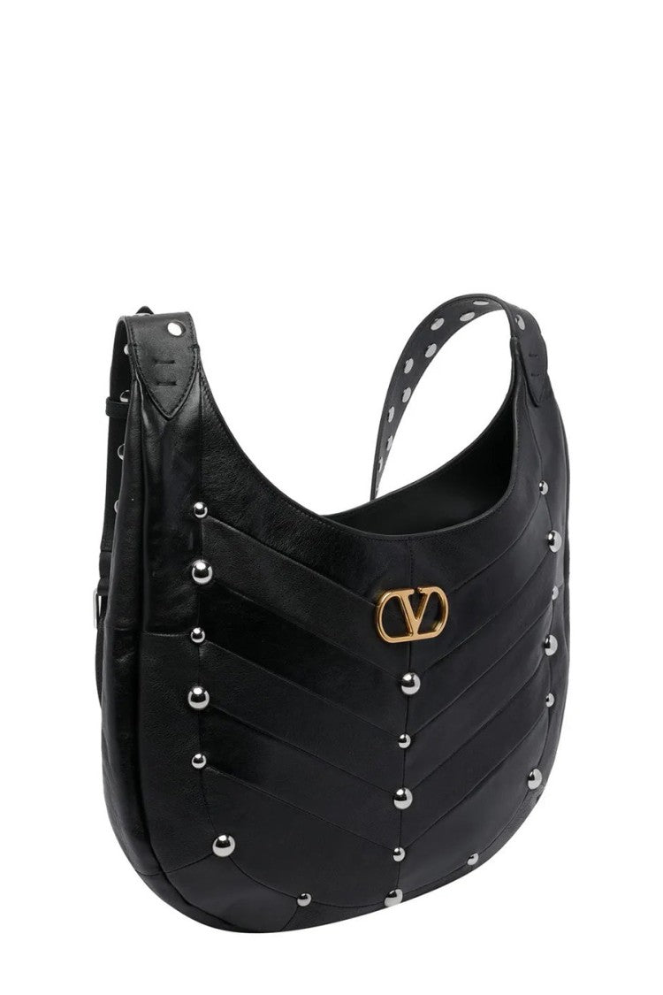 Valentino Garavani Black Studded Trim V Logo Leather Shoulder Bag