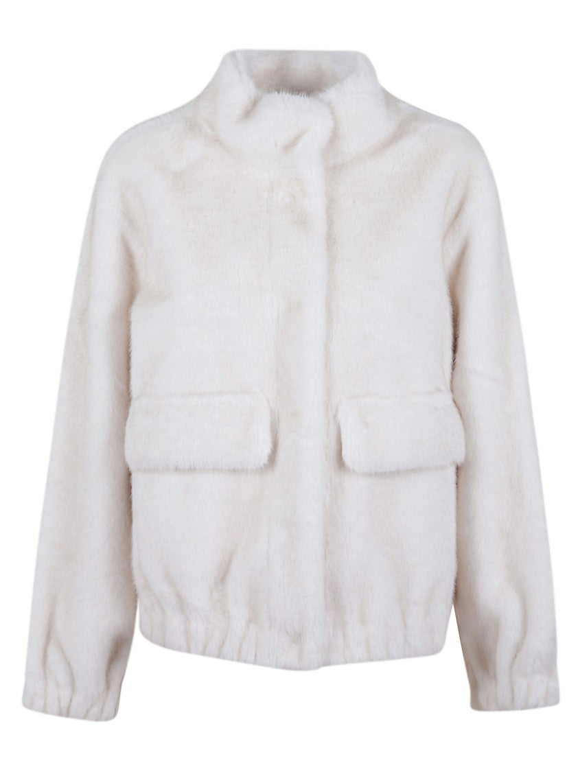 Michael Kors Bone-Finished Faux Fur Bomber Jacket With Stand-Up Collar