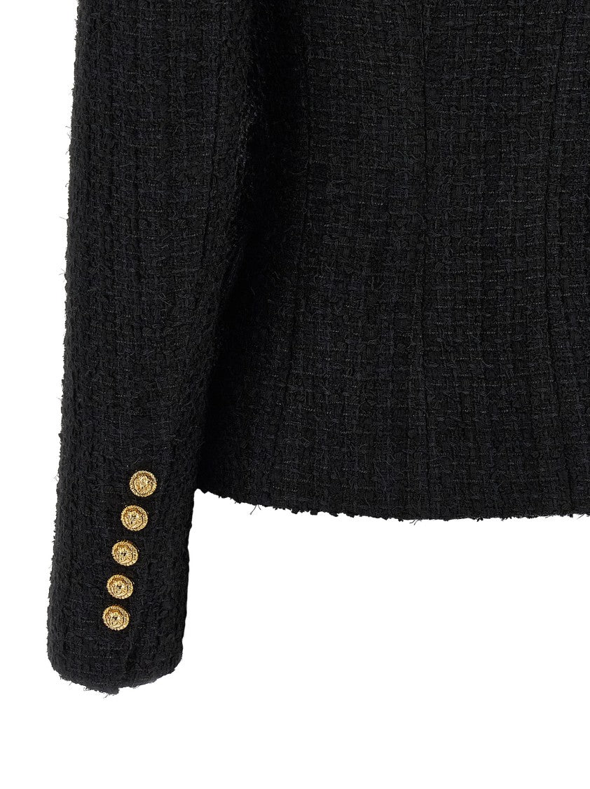 Balmain Double-Breasted Tweed Blazer With Metal Closure And Asymmetric Hem