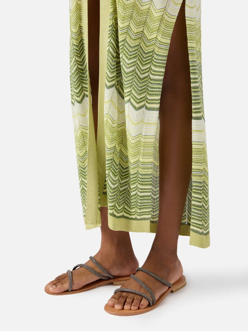 Mc2 Saint Barth Chevron Knit Long Cardigan With Three-Quarter Sleeves