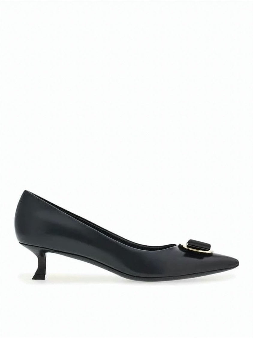 Salvatore Ferragamo Black Lambskin Pointed-Toe Pumps With Decorative Bow