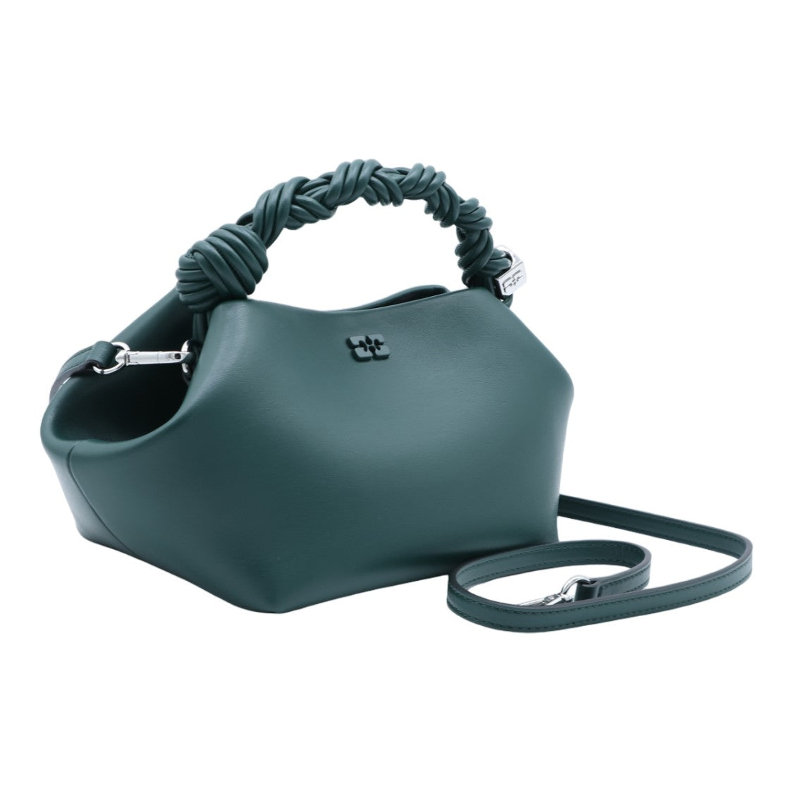 Ganni Sculptural Green Handbag With Twisted Handle And Geometric Silhouette