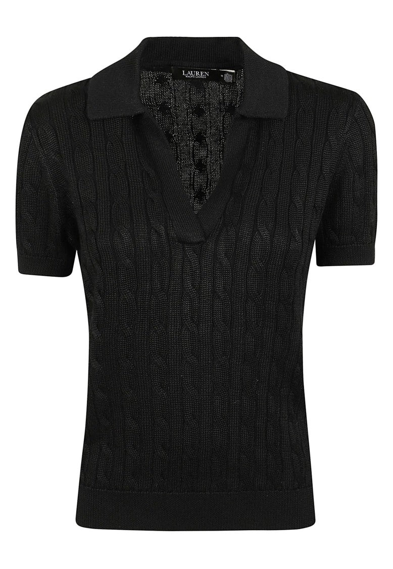 Lauren Black Cable-Knit Cotton-Blend Polo Pullover