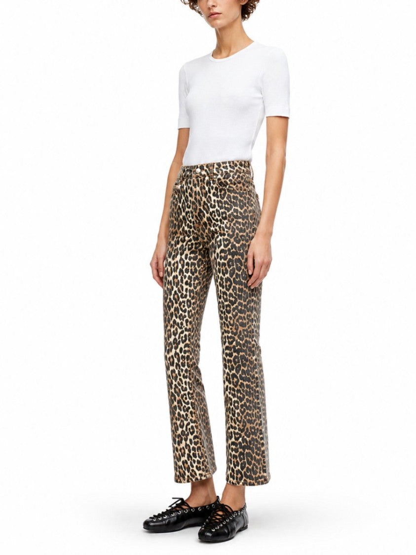 Ganni Animal Print Mid-Rise Flared Organic Cotton Jeans