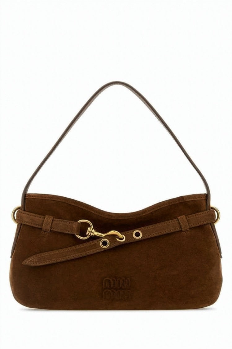Miu Miu Suede Shoulder Bag With Decorative Belt And Gold-Tone Accents