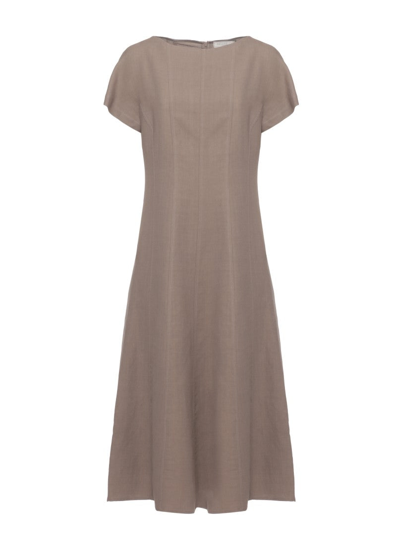 Antonelli Firenze Brown Silk Midi Dress With Flared Hem And Seam Detailing