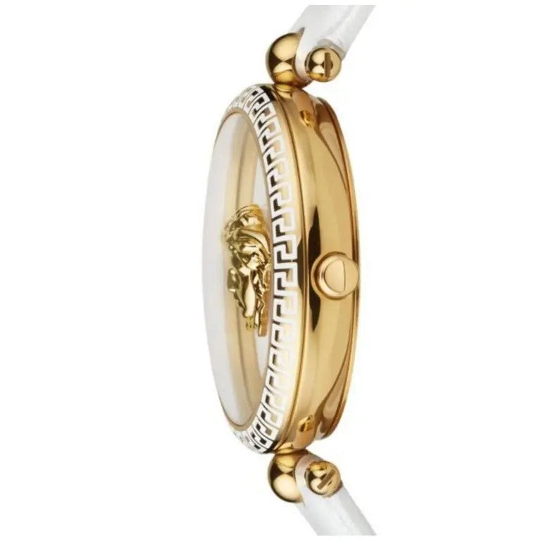 Versace Palazzo Empire Quartz Watch With Gold-Tone Stainless Steel And White Leather Strap