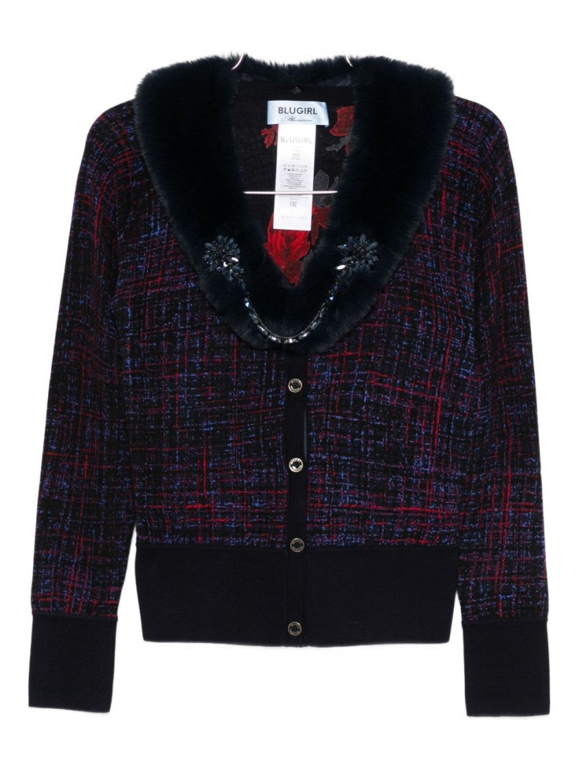 Blugirl Multicolored Tweed Cardigan With Plush Fur Collar