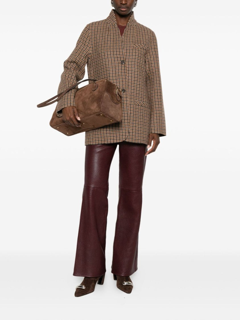 Yerse Houndstooth Pattern Brown Wool-Blend Coat