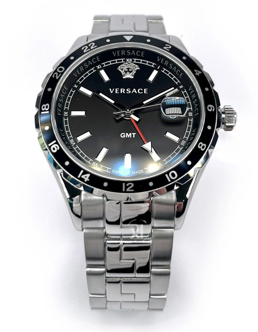 Versace Hellenyium Gmt Stainless Steel Watch With Black Dial And Sapphire Crystal