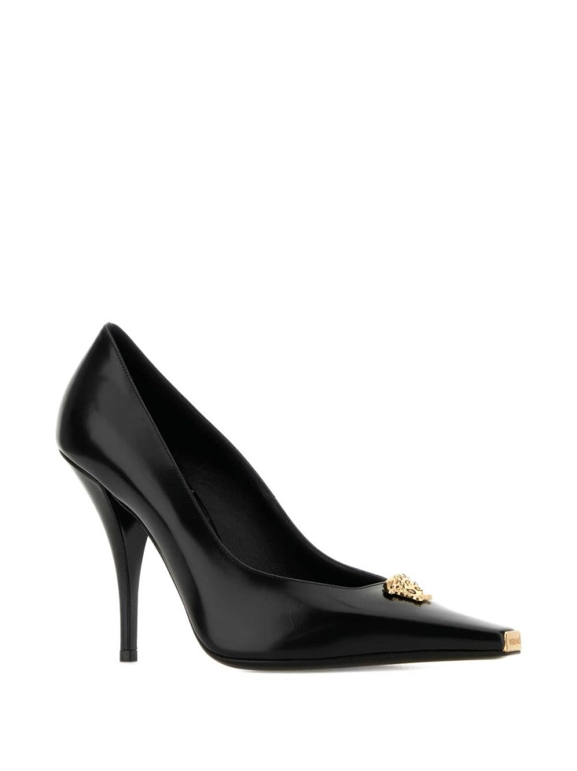 Versace Black Stiletto Pointed Toe Leather Pumps
